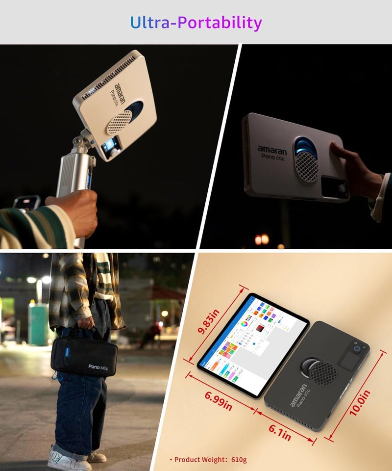 عماران أبوتشر أماران بانو 60c كيت ضوء لوحة LED كاملة اللون 60 وات RGBWW مع USB-C PD، حرارة لون 2300K-10000K، 12 تأثير ضوئي، تحكم عن طريق التطبيق، مع صوفبوكس وحافظة للحمل للإضاءة التصويرية والاستوديو (فحم) - Image 2